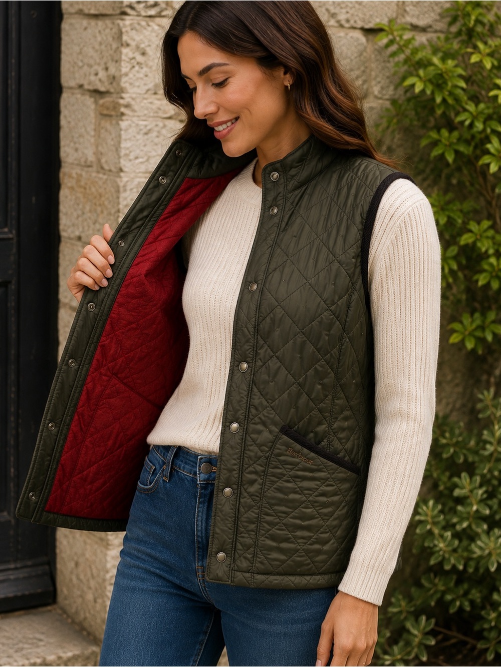 Barbour Olive Quilted Vest with Red Interior